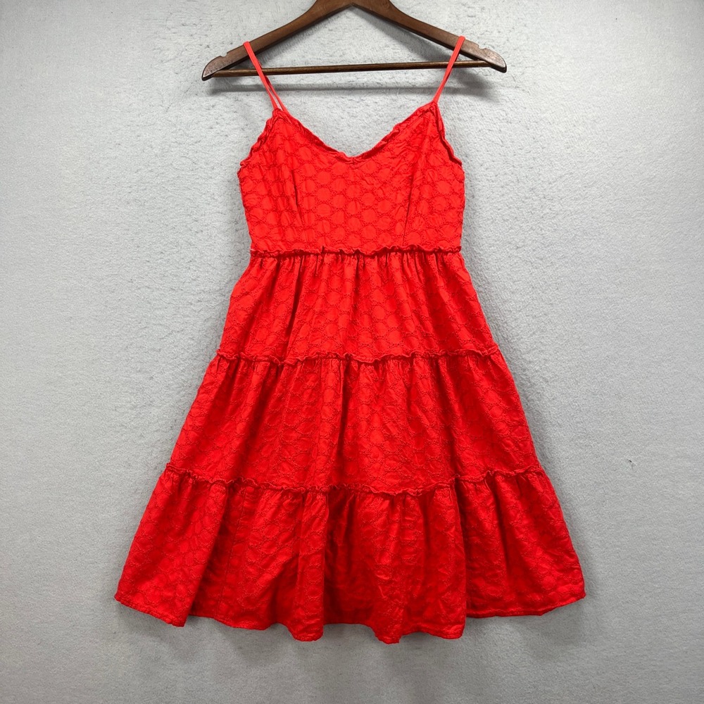 Sim & Sam Dress Women Small Red Mini Sundress Tiered Eyelet Strappy Smocked Boho